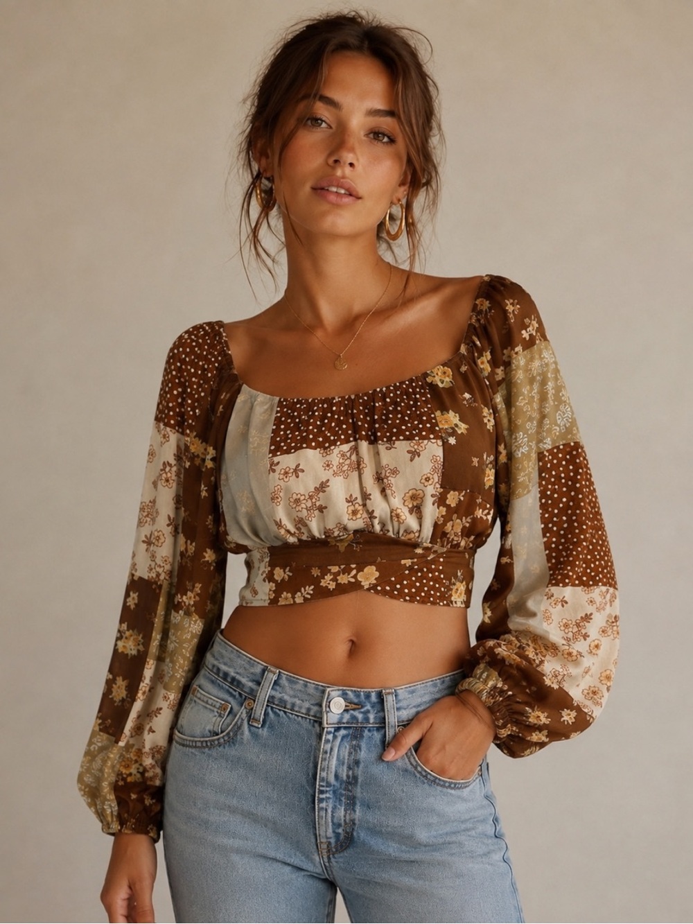 Altar'd State Boho Cream Brown Printed Crop Top Tie Back Long Sleeves Size Small